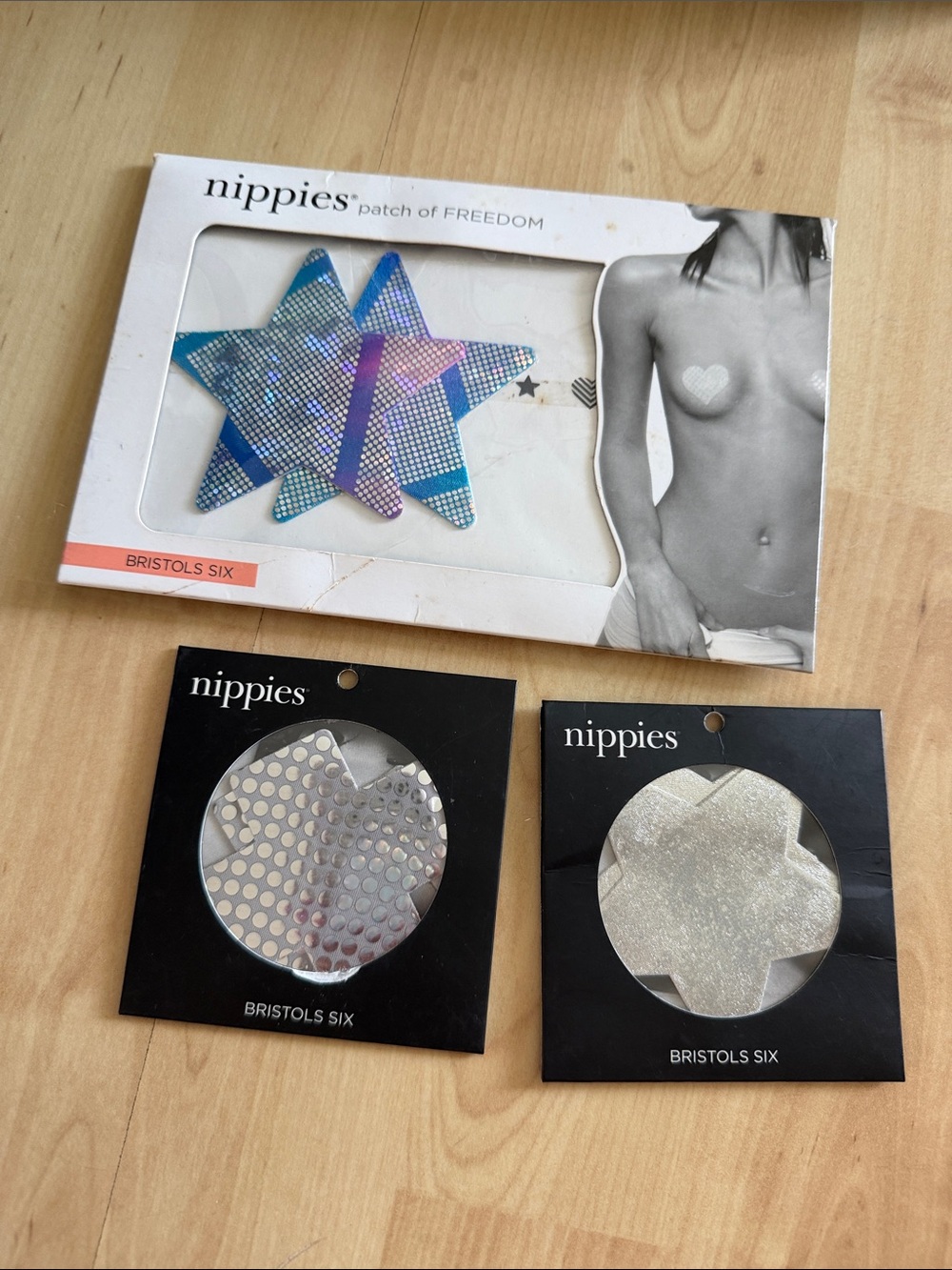 3 Pairs Of Nippies by Bristols Six Silver Pasties Nipple Covers